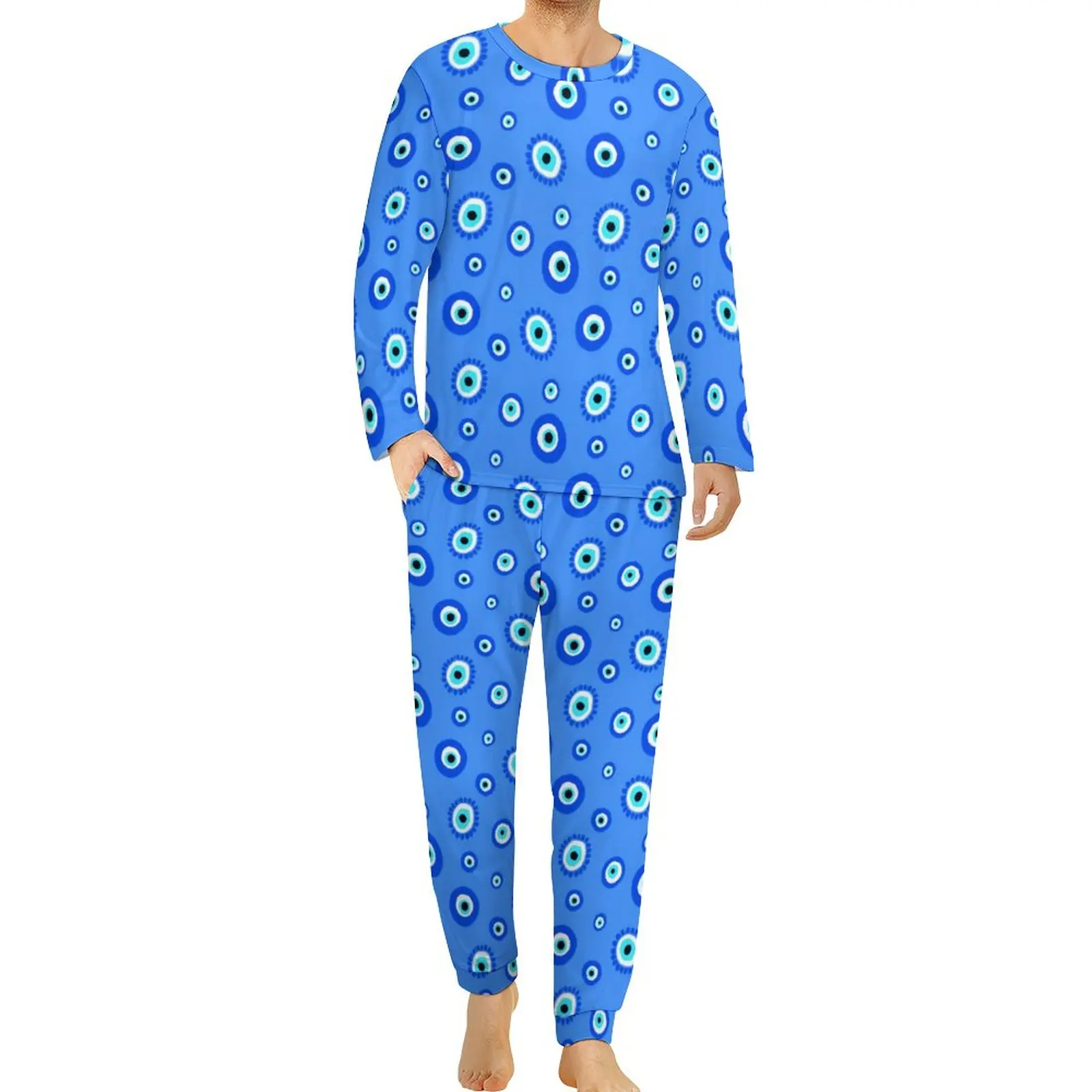 Greek Evil Eye Pajamas Long-Sleeve Lucky Blue Talisman 2 Piece Home Pajama Sets Daily Male Graphic Kawaii Oversized Home Suit
