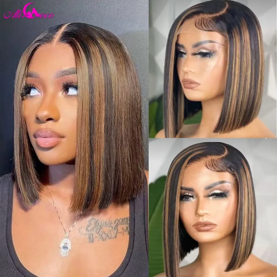 180 Density Highlight Bob Wigs Human Hair 13x4 Transparent Straight Lace Front Wigs Pre Plucked P1B/30 Short Bob Human Hair