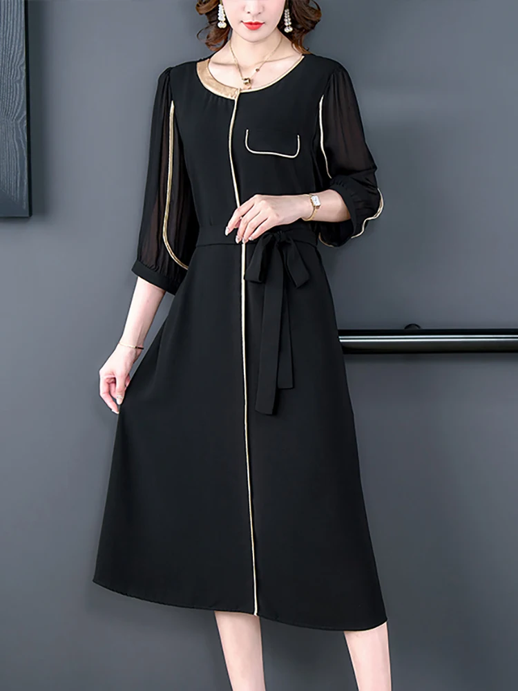 

2023 Red Short Sleeve Elegant Office Lady Dress Women Korean Vintage Hepburn Black Dress Summer Chiffon Elegant Casual Prom Robe