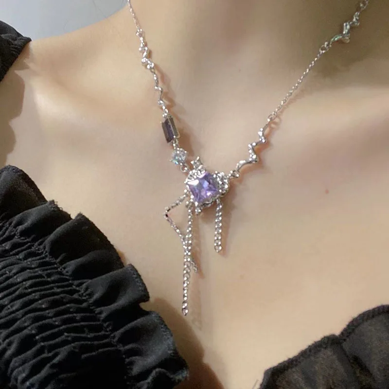 

2022 Silver Color Long Tassel Purple Crystal Choker Necklace Jewelry