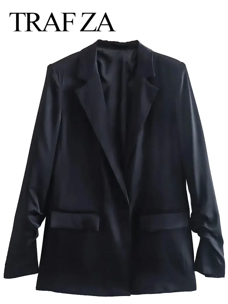 

TRAF ZA Solid Color Black 2022 Fashion Suit Jacket Casual Commuter Temperament All-match Blazer Pleated Decorative Jacket Ladies