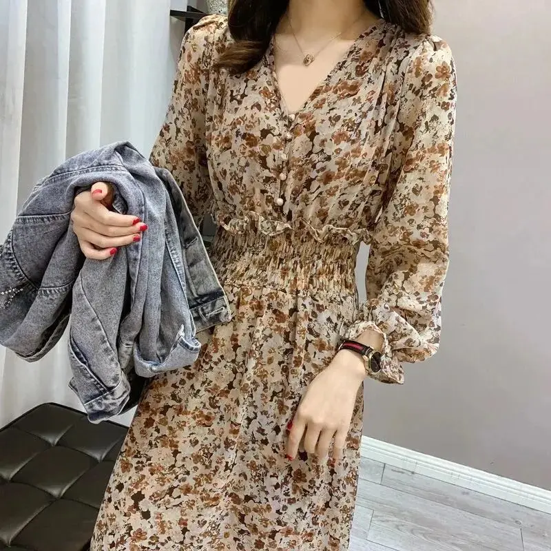 

Lantern Sleeve Chiffon Dress 2022 Spring New Fashion French Elegant Elastic High Waist Knee-length Floral V-neck Dress Female