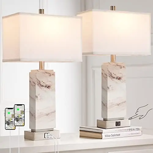 

of 2 Modern Table Lamps for Living Room, 3 Way Touch Dimmable Contemporary Coastal with USB Ports, Rustic Resin Nightstand Lamp