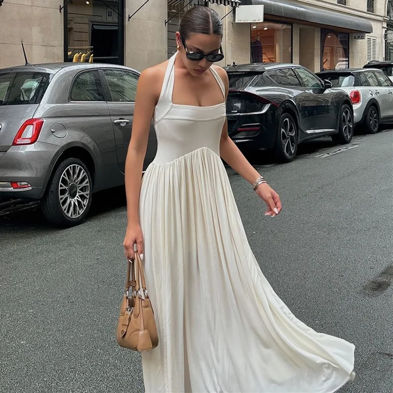 Летнее женское однотонное Плиссированное Платье макси с лямкой на шее
