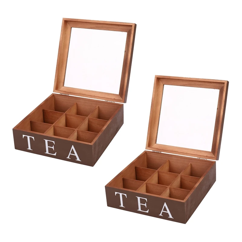 

2X деревянная чайная коробка с 9 ячейками, контейнер для чайных пакетиков, коробка для хранения, квадратная Подарочная коробка, прозрачная ко...