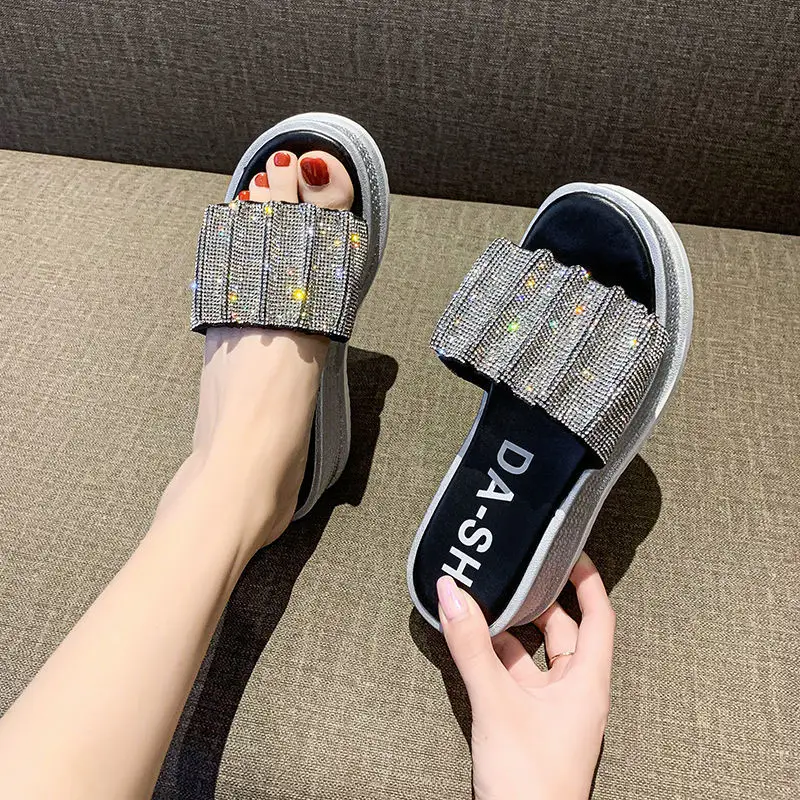 

Rhinestone Sandals Women Full Diamond Platform Platform Wedge Heel Open Toe One-line Sandals Shoes Beach Slippers Women Shoes