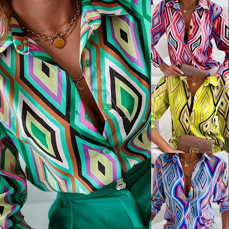 

Women's Clothing 2022 Autumn Summer Plaid Stripes Printed Long Sleeve Button Slim Shirt for Women Blouse Top Shirts