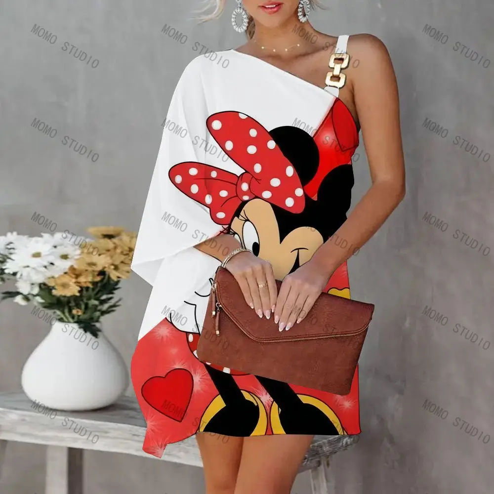 Elegant Dresses for Women Minnie Mouse Mickey One-Shoulder Diagonal Collar Disney Dress Summer Dresses Woman 2022 Offer Evening
