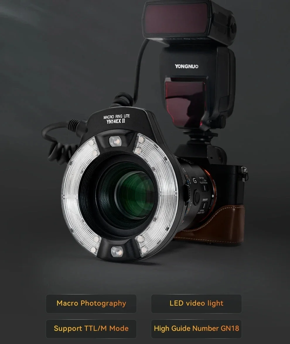 Фото Вспышка Yongnuo YN14EX II Speedlite с макро-кольцевым светодиодным освещением M/TTL для объективов Canon и Sony DSLR, для цифровых камер и фонарей. №1
