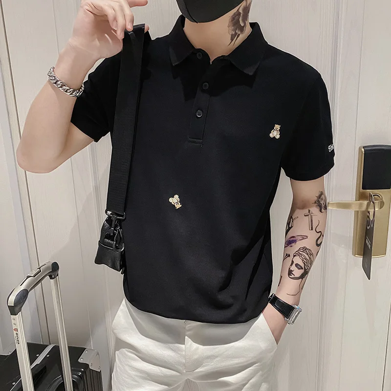  Spring and Summer New Embroidery Bear Spirit Guy Short sleeve Polo Shirt Social Youth Top Male