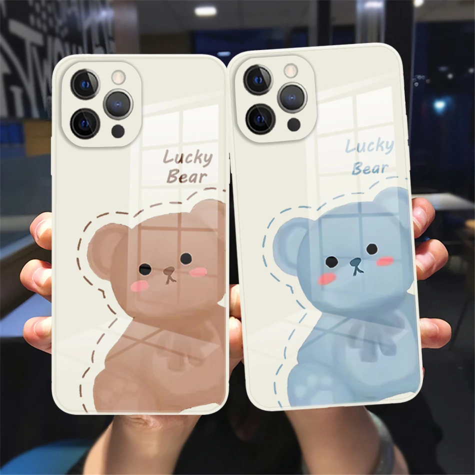 

Cute cartoon couple bear Glass Phone Cover For iPhone 11 12 13 14 Pro Max X XR XS Max 7 8 14 Plus 13 Mini Tempered bumper Case