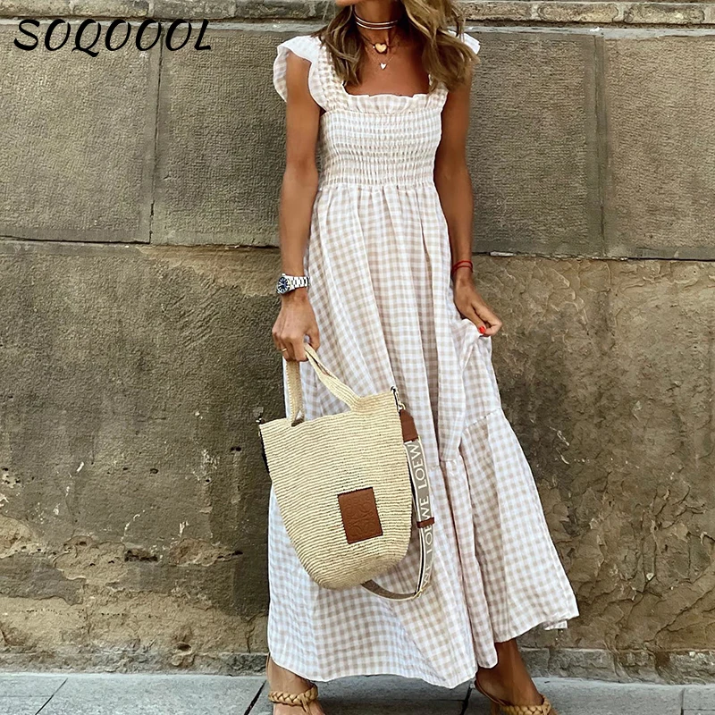 

Vintage Plaid Maxi Dress For Women Summer Beach Casual Elegant Flying Sleeve A Line Long Dresses Y2K 2023 Cheep Vestido Feminino