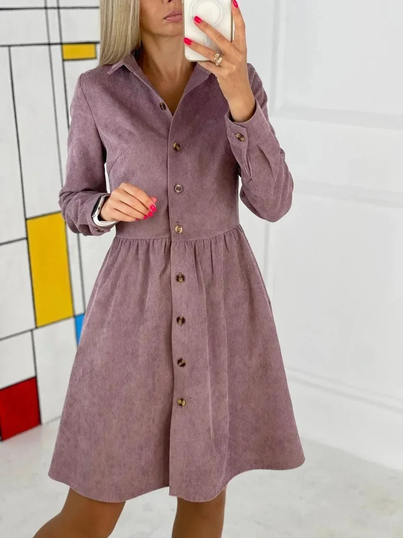 

Elegant Women Solid Buttons Pockets Long Sleeve Dress Solid color everyday Simple Sashes All-match Womens Vintage Harajuku Dress