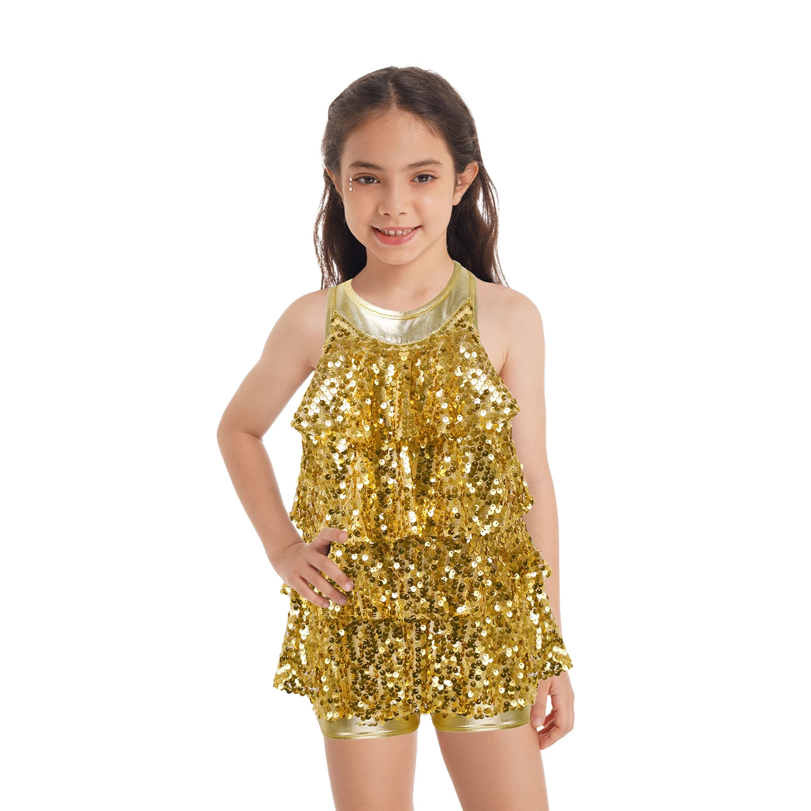 

Kids Girls Shiny Sequins Halter Dance Wear Child Ballet Dance Shorty Unitard Dress Jazz Latin Modern Dance Performance Costumes