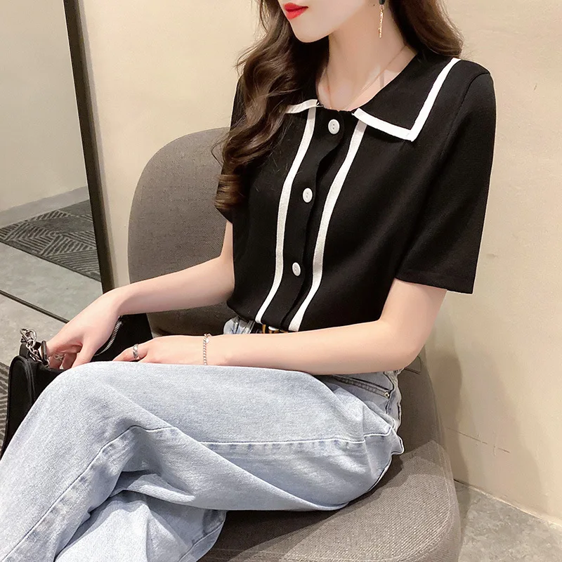 

Knitted Women's Polo T Shirt Vintage Peignoirs Cardigan Cropped Women Short Sleeve Streetwear Tees Girl Y2k Top