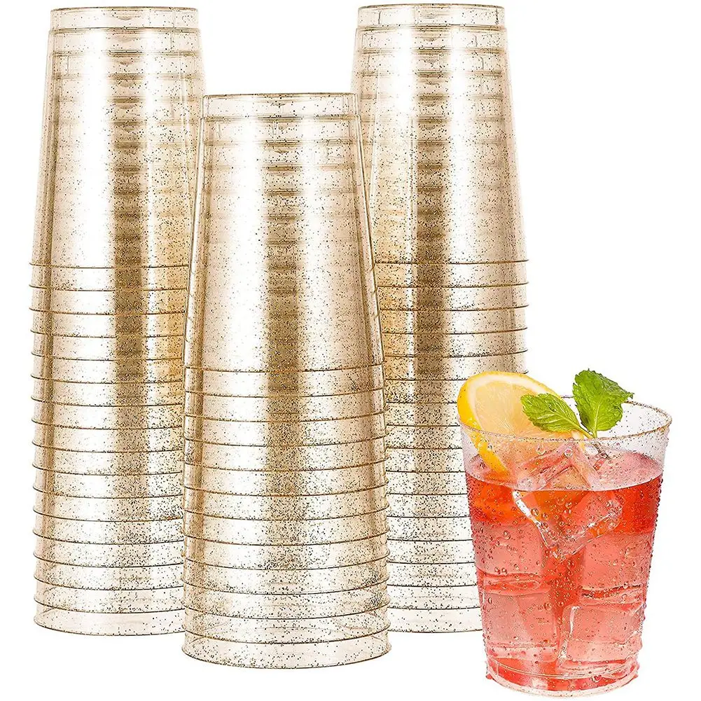 

Прозрачные пластиковые чашки, пластиковые стаканы с золотыми блестками, многоразовые чашки для напитков, бокалы для вина, шампанского, коктейля, десерта