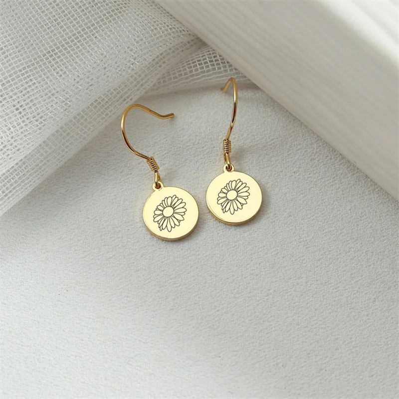 Customized Earring for Women Personalised Engraving Birthday Flower Stainless Steel Round Earring Jewelry Gifts Pendientes Mujer