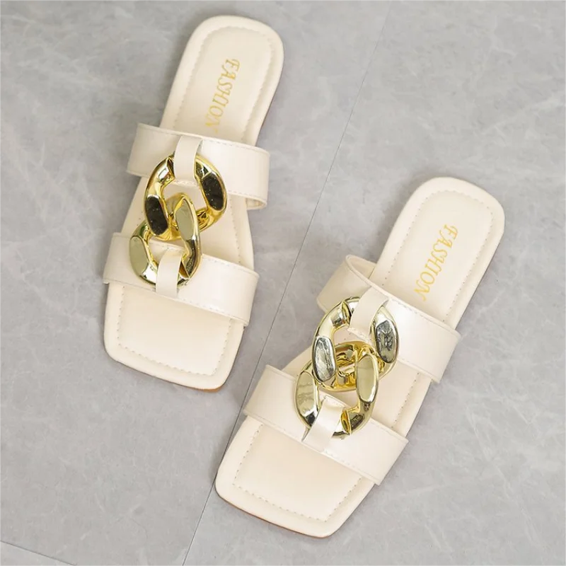 Plus Size 35-43 Flat Leopard Women'S Slippers New European American Metal Chain Square Toe Flat Shoes Women'S Sandals Slippers