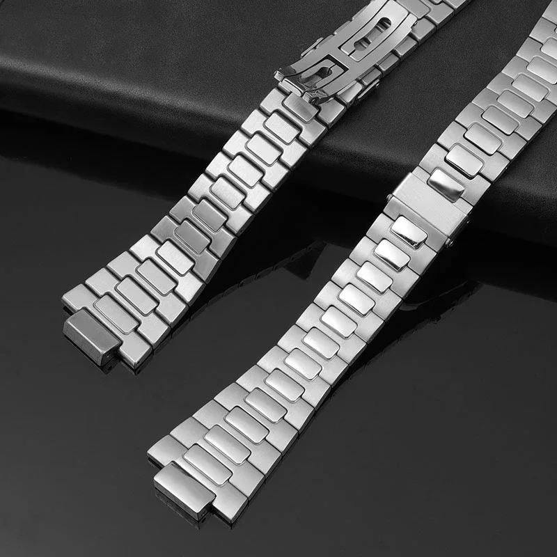 Фото Выпуклый серебристый ремешок для часов из нержавеющей стали 25x13 мм, браслет с цельными звеньями, подходит для часов Patek Philippe Nautilus 5711 5726 №4