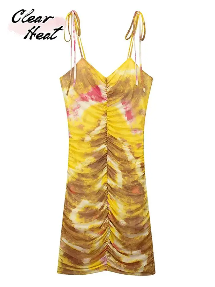 

Print Sling V Neck Pleated Dress Women Backless Off Shoulder Sheath Mid Length Dresses Summer Fashion Female Streetwear vestido