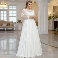 weilinsha a line womens plus size wedding dresses lace long sleeves o neck appliques chiffon bridal dress with lace up back