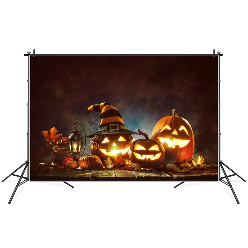 

Wizard Hat Pumpkin Lantern Happy Halloween Photography Backgrounds Custom Fog Candle Leaves Baby Party Decoration Photo Backdrop