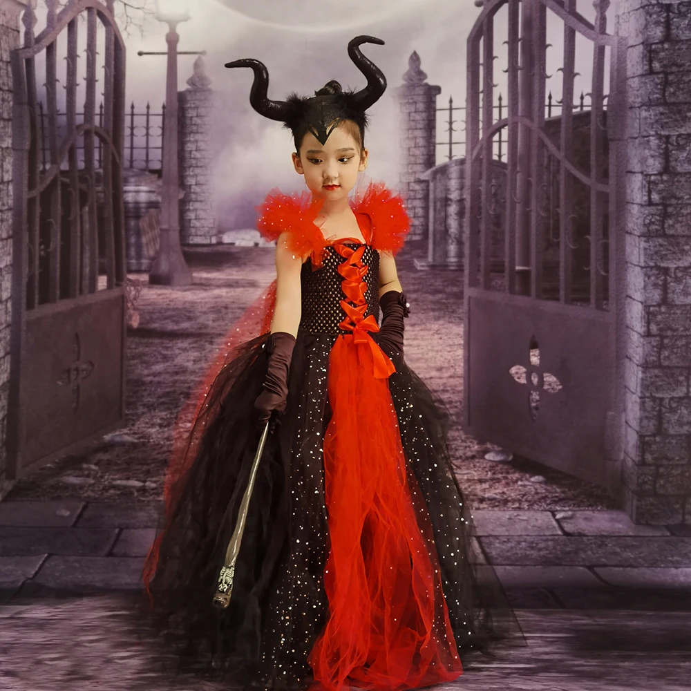 

Girls Halloween Vampiress Gown Tutu Dress with Horns Kids Devil Witch Fancy Dresses Carnival Party Cosplay Evil Queen Costume