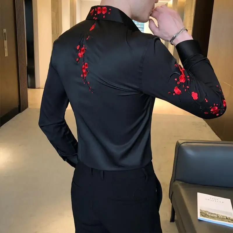 Long Sleeve Slim Fit Solid Business Formal White Man Embroidered Shirt Male Social Big Size Clothing A57