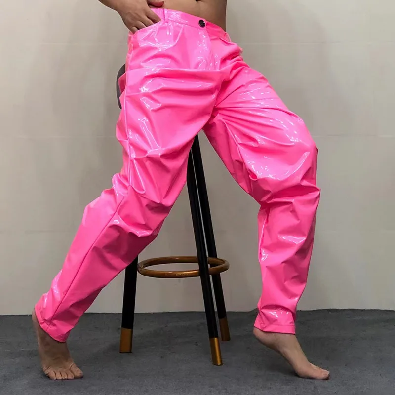 Loose Pleated Trousers Shinny Leather Pants Sexy Nightclub Men's DS Costumes Anti-bright PU Pants Elastic Waist Motorcycle Pants