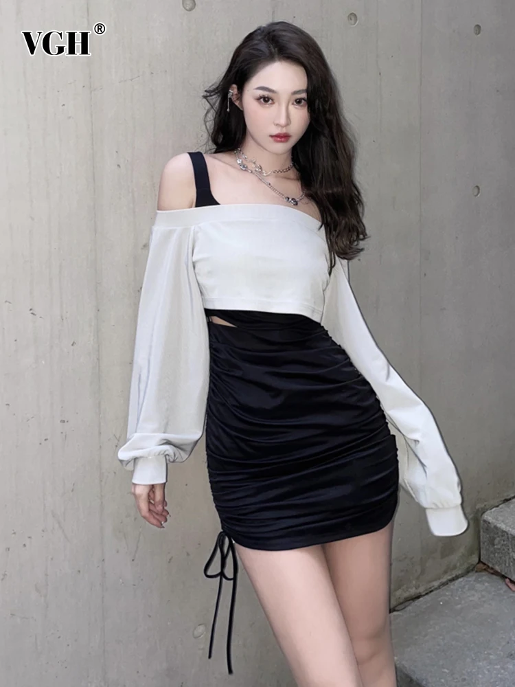 

VGH Sexy Slim Two Piece Set For Women Slash Neck Long Sleeve Tops Cut Out Solid Sleeveless Dress Female Sets Spring Clothing New