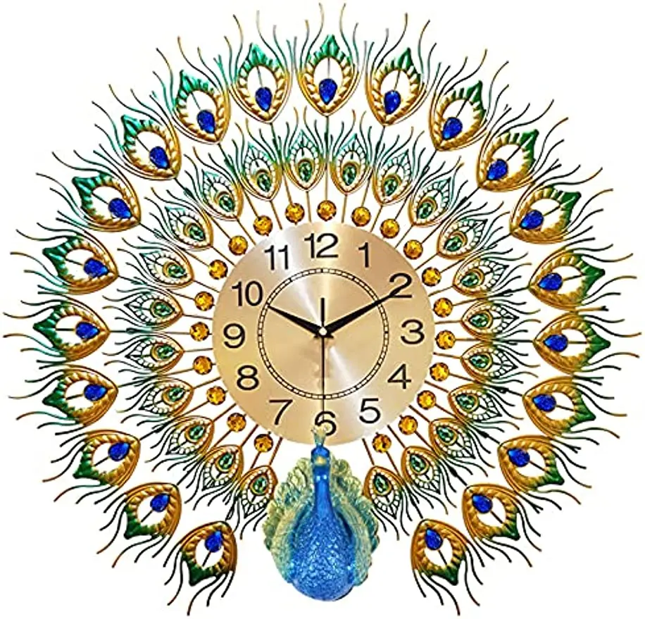 

60 x 60 cm Wall Hanging Wall Clock Peacock Colorful Peacocks Metal Clock European Style Decorative Wall Clock for Living Room