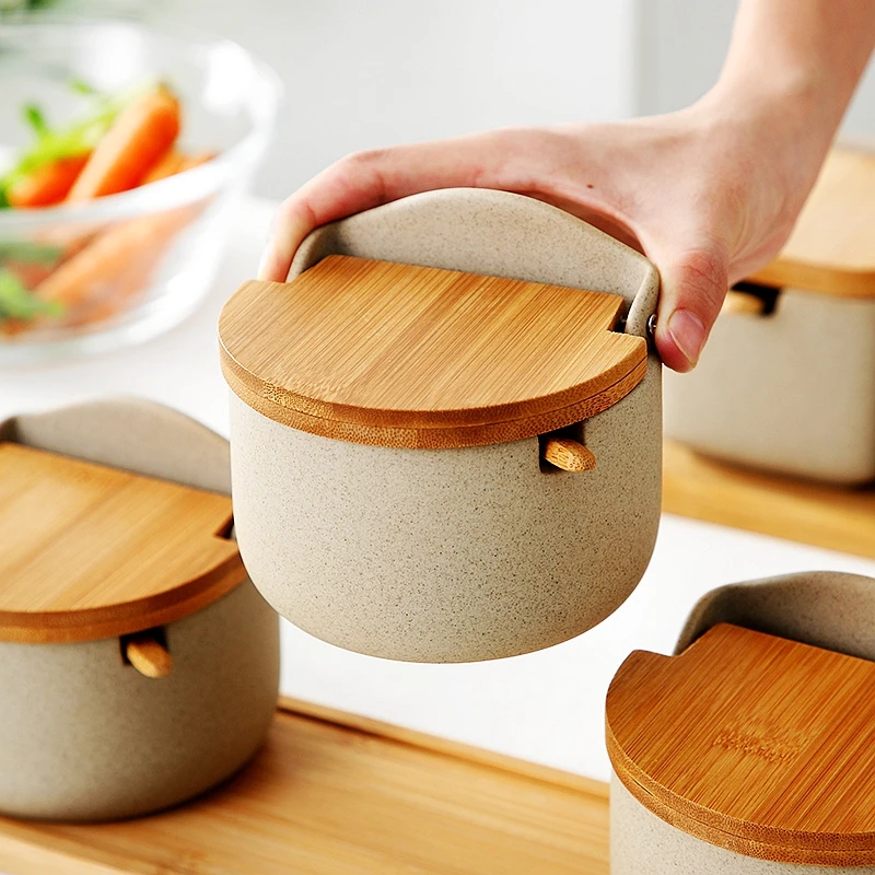 

Japanese-style Gray Ceramics Spice Jar Sugar/salt Jar Suit Kitchen Storage Seasoning Tool with Lid Minimalist Ceramic Seasoning