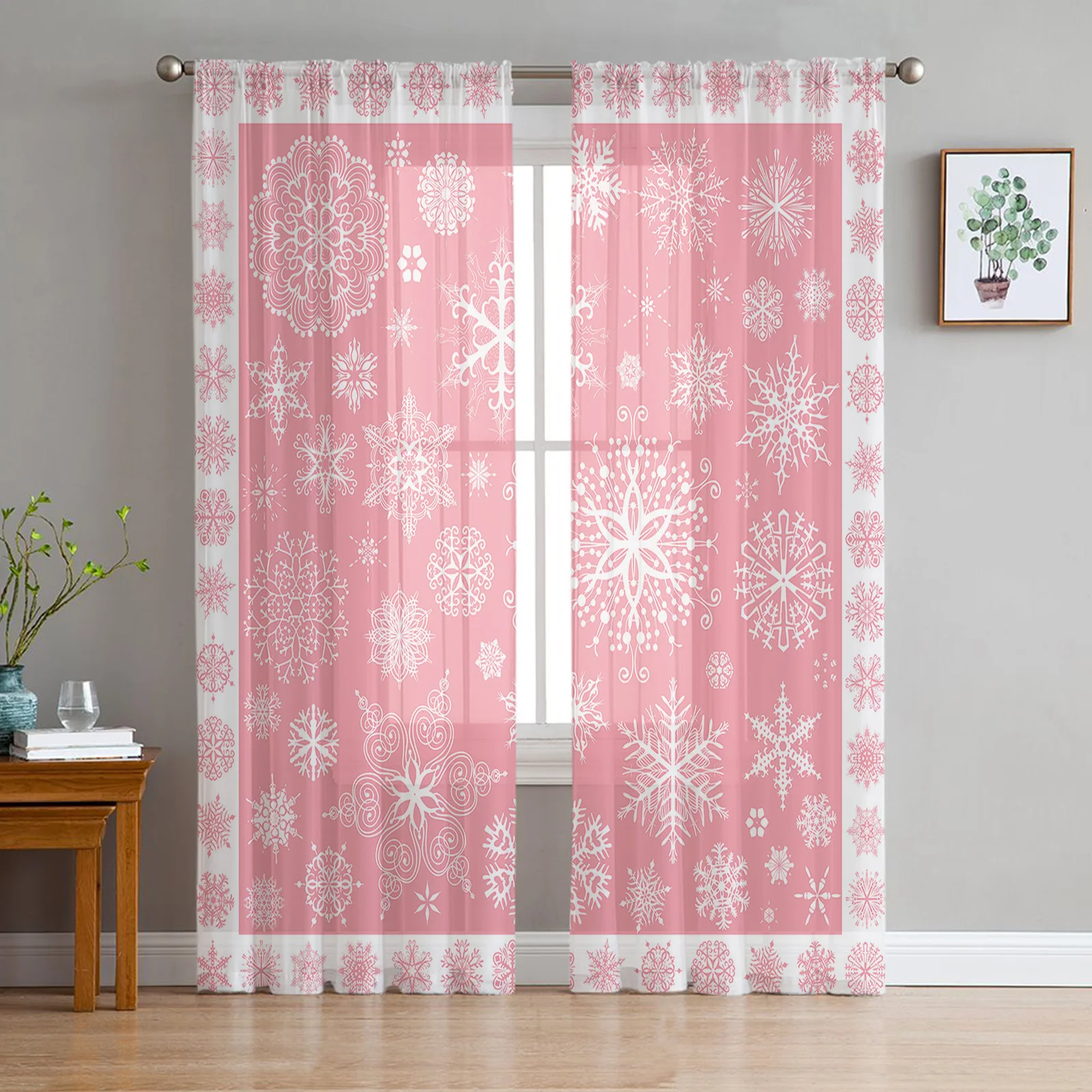 

Рождественские розовые снежинки, шифоновые прозрачные шторы для гостиной, спальни, кухни, украшение для окна, занавески из тюля