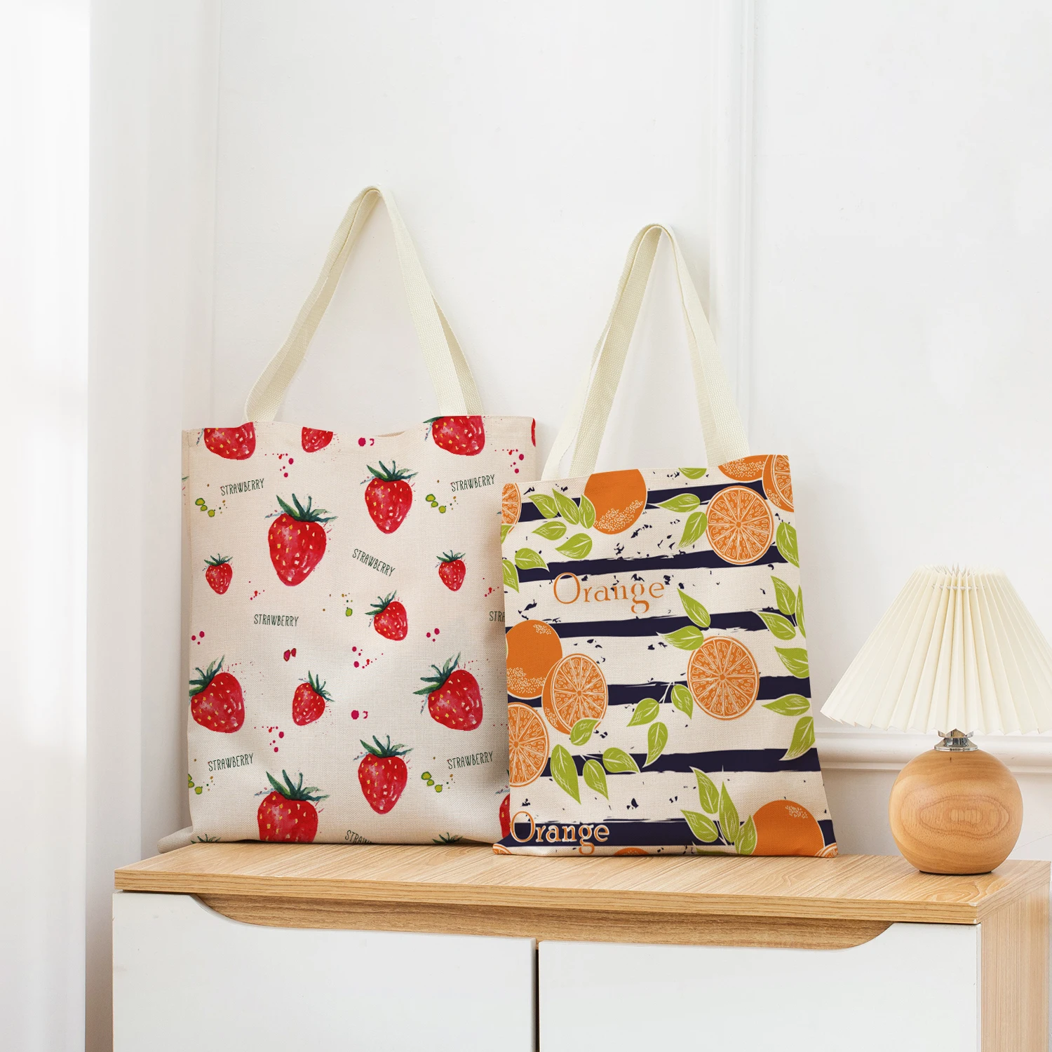 

Cartoon Fruit Strawberry Pineapple Double Sided Print Eco Market Shopping Bag Outdoor Foldable Portable Convenient Storage Tote