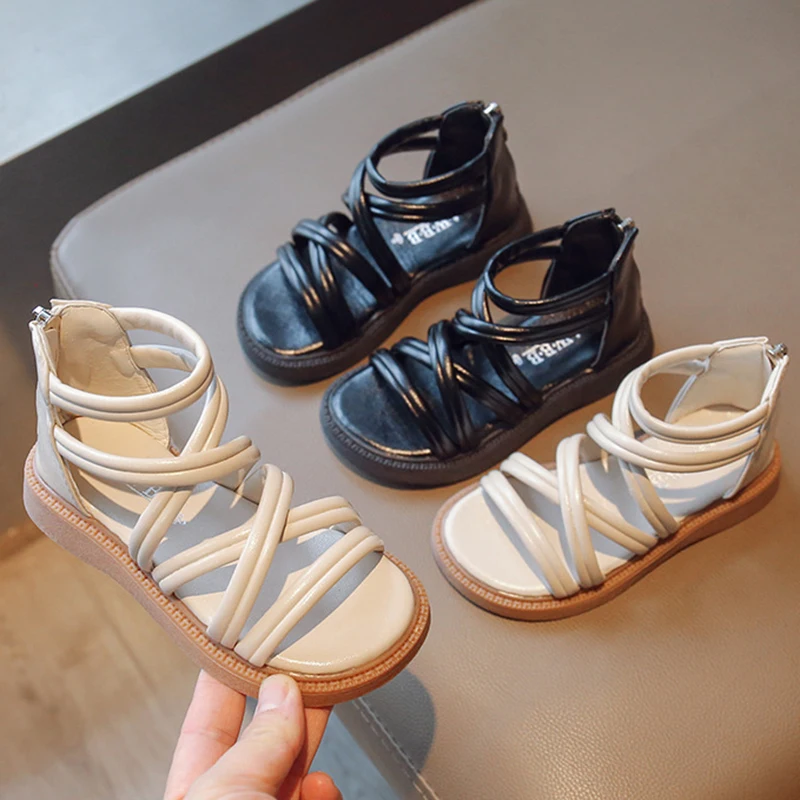 

Summer New Girls' Roman Shoes Middle School Students Cross Strap Princess Sandals Solid Soft Sole Fashion Shoes