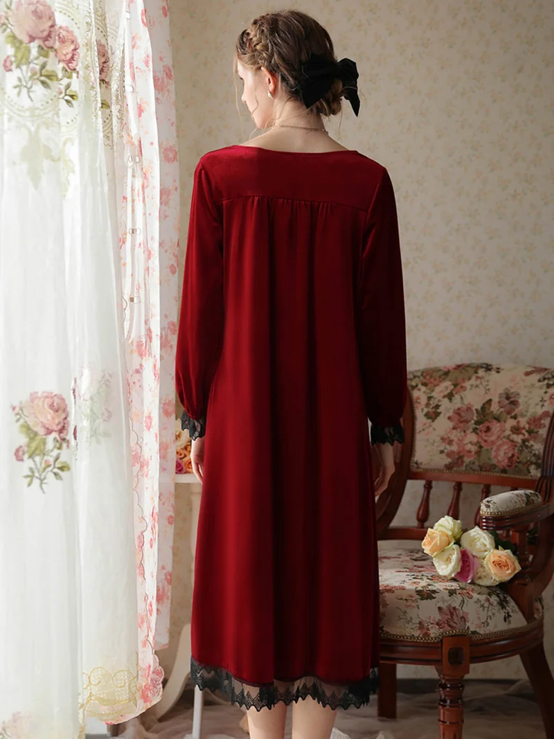 Women French Elegant Velvet Night Dress Long Sleeve Velour Robe Ruffles Bowknot Sleepwear Princess Nightwear Vintage Nightgowns
