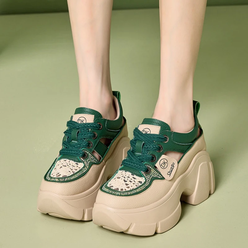 8.5cm Genuine Leather Slides Summer Ankle Chunky Sneakers Vulcanize Hollow Women Platform Sandals Wedge Breathable Female Shoes