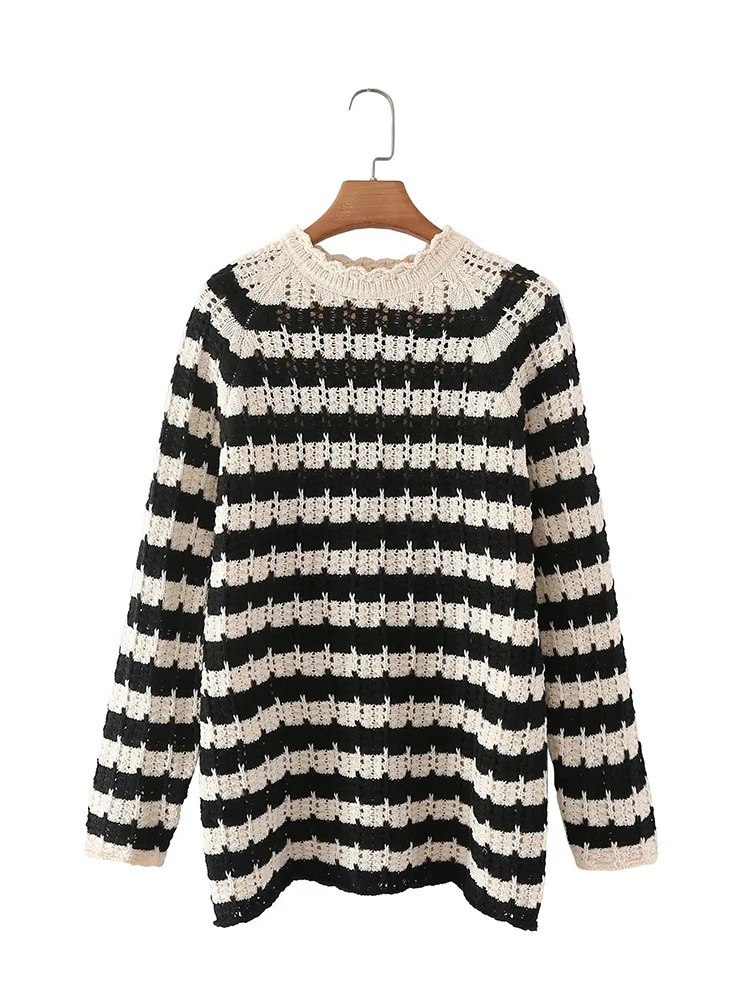 

YENKYE New Women Striped Pointelle Knit Sweater Vintage Long Sleeve O Neck Female Autumn Pullovers Chic Tops
