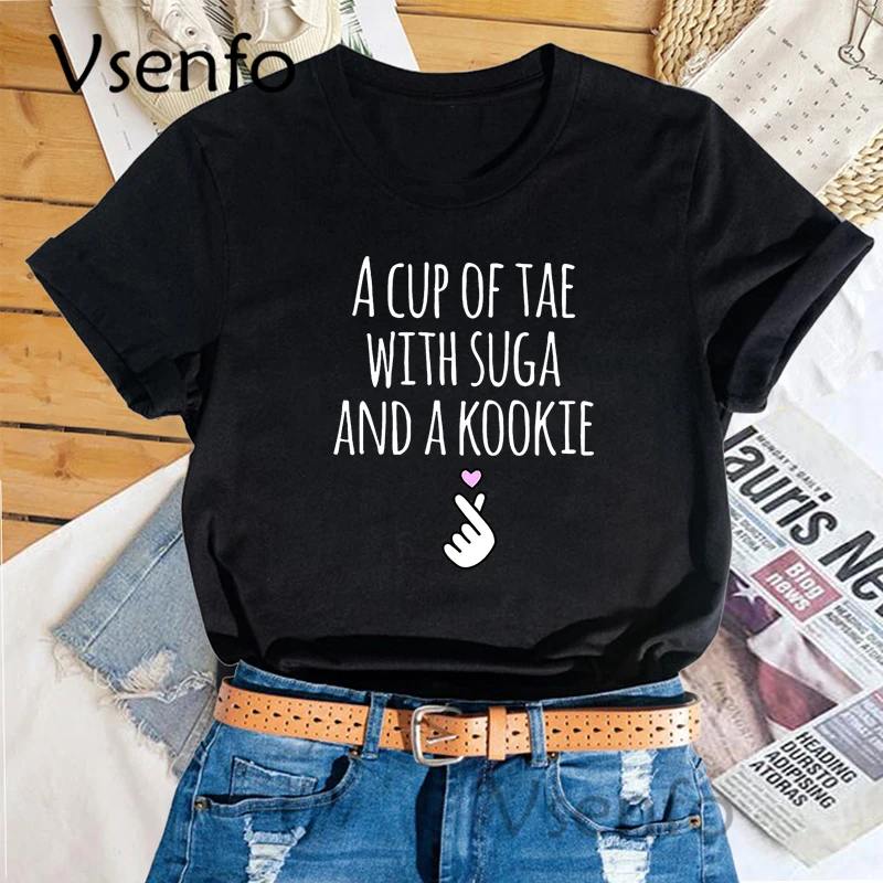 T-Shirt imprimé A Cup of Tae avec Suga et A Kookie pour femmes  kdrame coréen  idole  mode Kpop