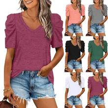 V-Neck Short Sleeve T Shirts Top Women's Summer Casual Vintage Solid Color Patchwork Clothing  2022 Pullover Y2K Fashion Tshirt