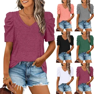 V-Neck Short Sleeve T Shirts Top Women's Summer Casual Vintage Solid Color Patchwork Clothing  2022  in India