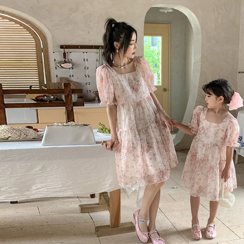 

Mom and daughter dress 2023 New in Family matching clothes Summer Pink square neck short-sleeved dress Kid Clothes girl