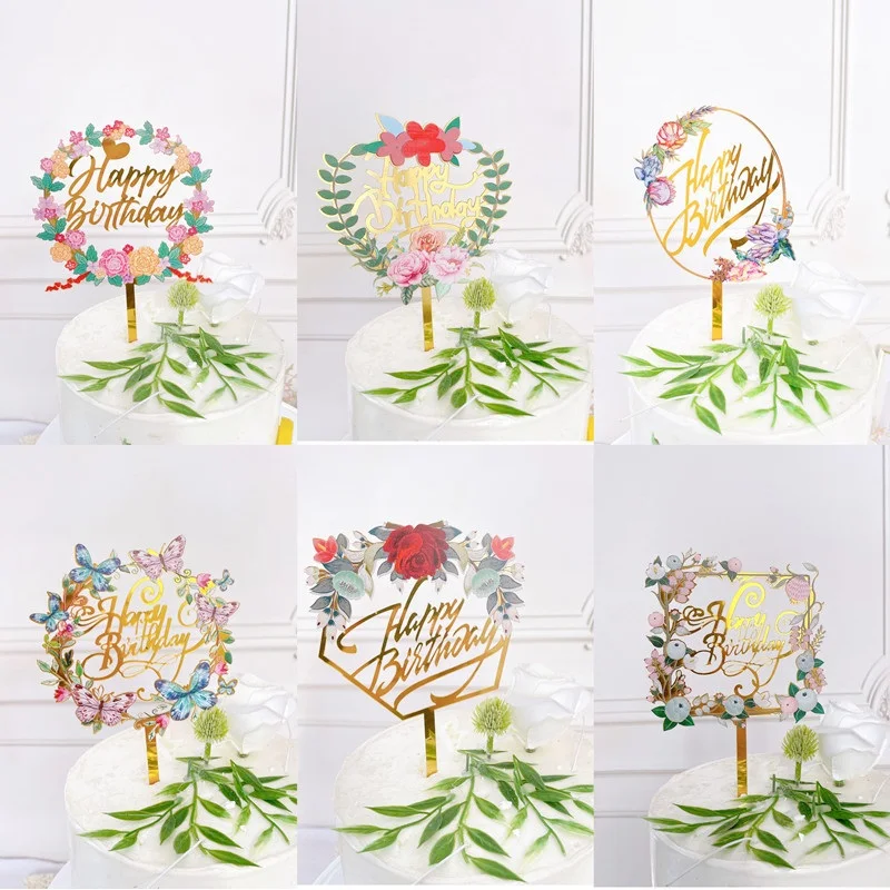 

5pcs cake decorating supplies acrylic wreath happy birthday cake toppers for girl`s birthday cake dessert cupcake sign topper