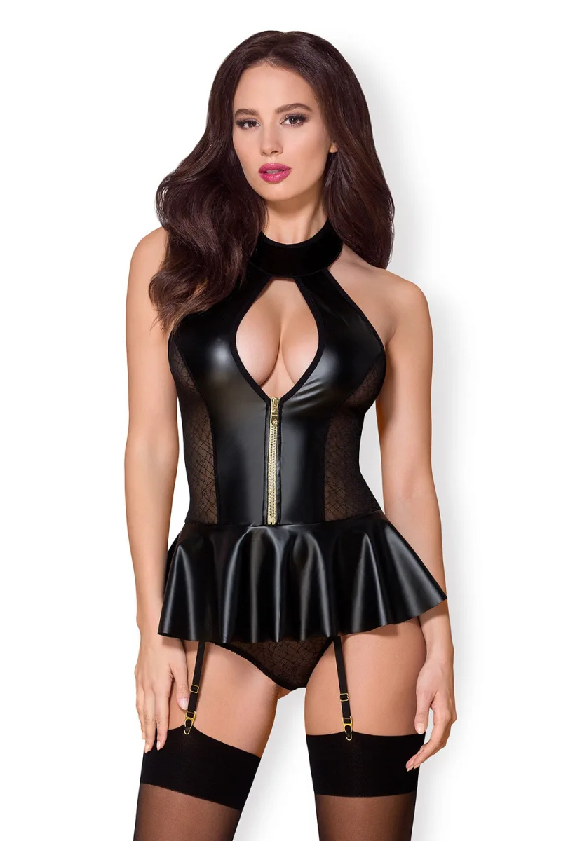 

Sexy PU Leather Mesh Underwear Black Hollow Out Bandage Bodysuit Teddy Women Sexy Sleepwear Catsuit Erotic Babydoll Dress