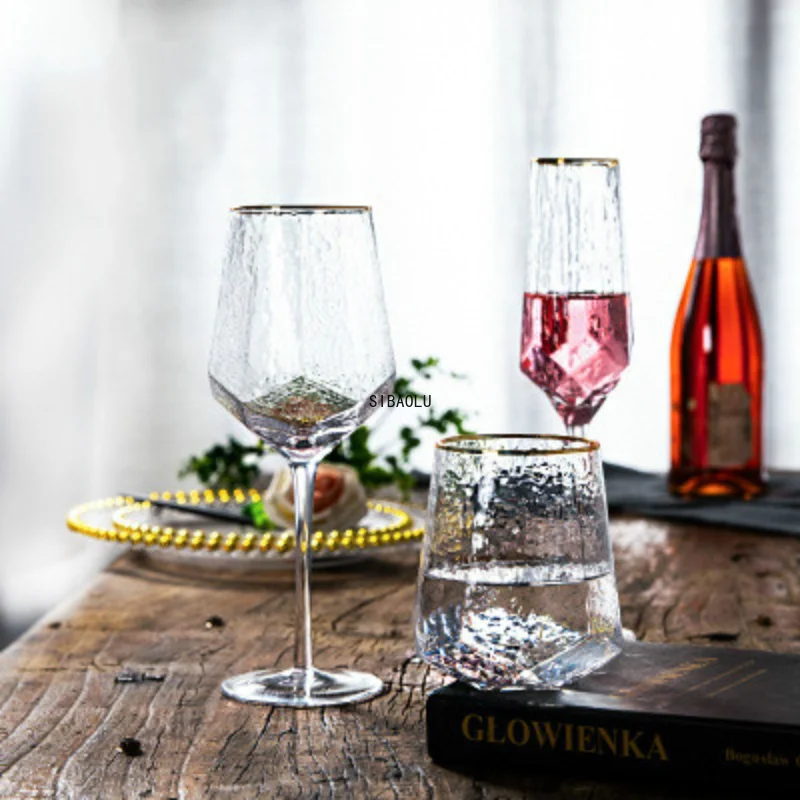 Copas de vino de cristal creativas, copa de vino tinto martillada para el hogar, copa de champán de diamante, copas de vino