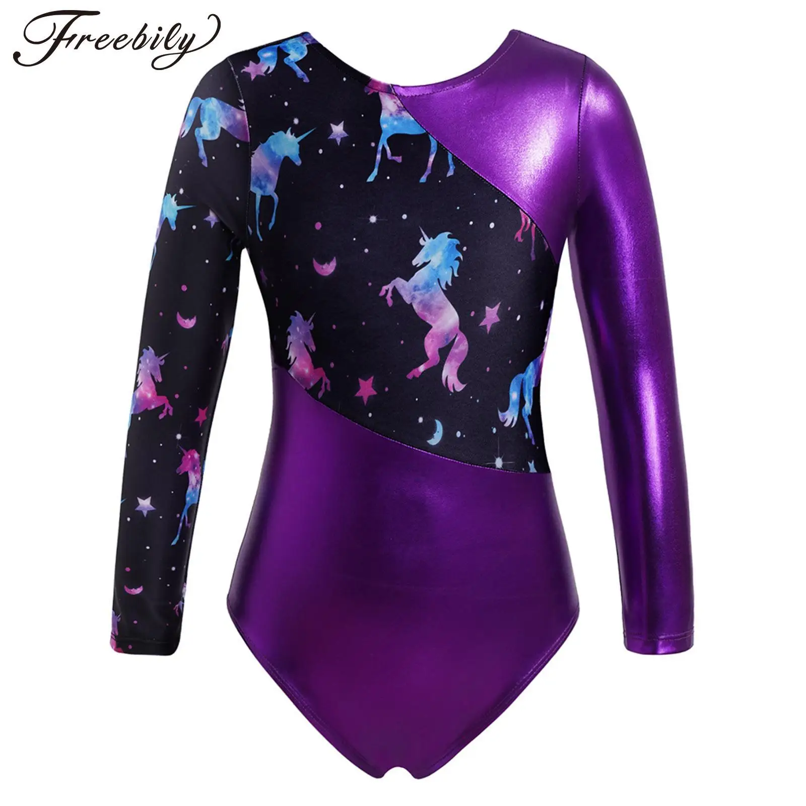 

Kids Long Sleeves Gymnastics Leotard for Girls Shiny Metallic Ballet Dance Costumes Print Workout Bodysuit Jumpsuit Dancewear