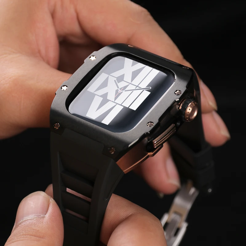 Stainless Steel Case Fluororubber Strap for iWatch Series 44MM 45MM Metal Modification Kit For Apple Watch Band 8 7 6 5 4 SE