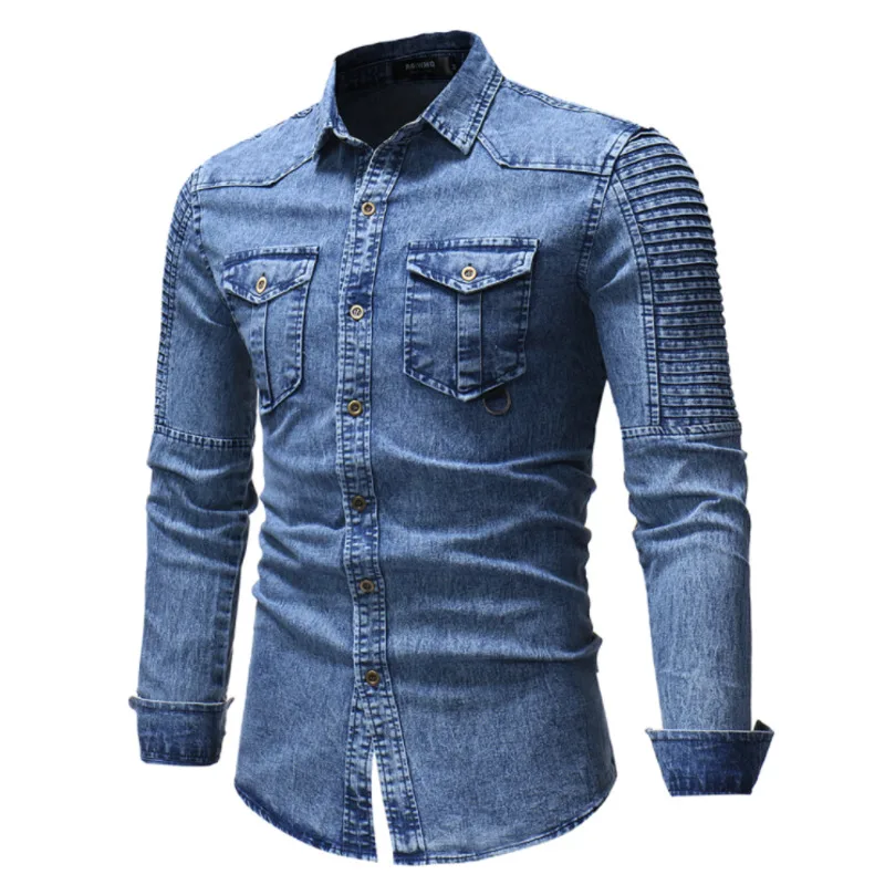 

#4613 плиссированная джинсовая рубашка с длинными рукавами, Мужская облегающая синяя, серая ВИНТАЖНАЯ ДЖИНСОВАЯ РУБАШКА, мужские облегающие ...