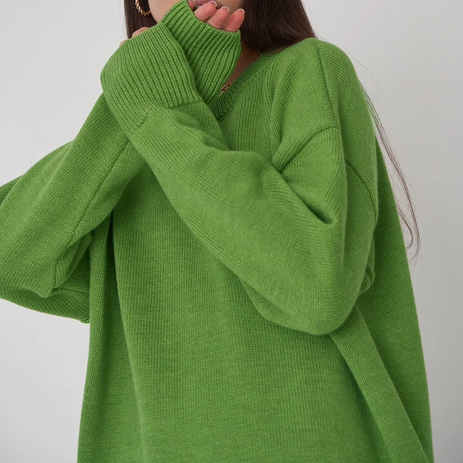 2023 женский осенне-зимний свитер с круглым вырезом свободный стиль Однотонный
