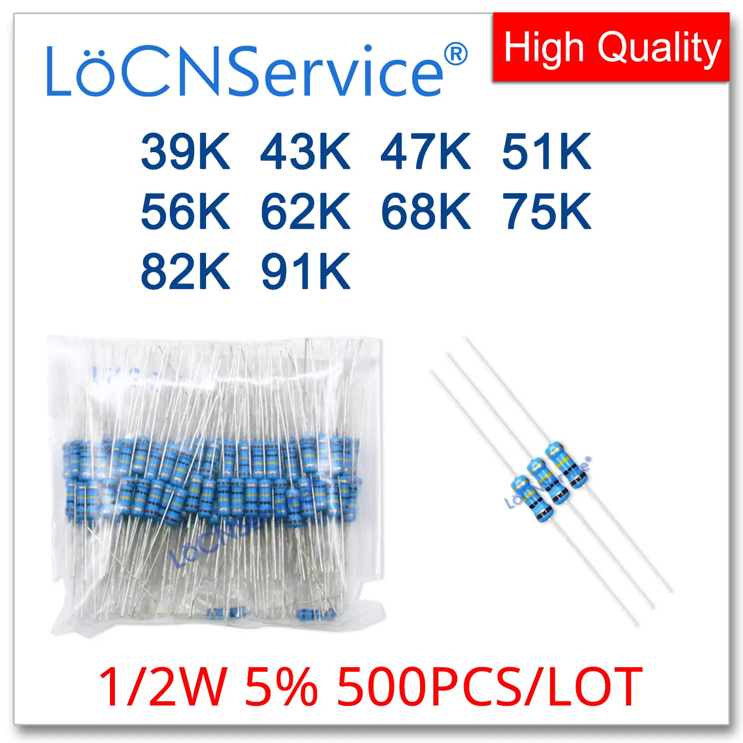 

LoCNService 500PCS/LOT 5% 1/2W 39K 43K 47K 51K 56K 62K 68K 75K 82K 91K Carbon Film Resistor DIP OHM